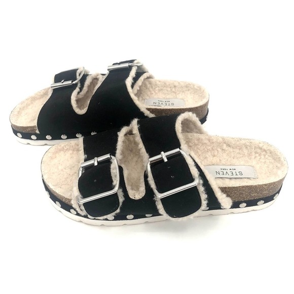 STEVEN STEVE MADDEN Stessi Black Sherpa Lined Slip-on Sandal Size 7 - Picture 4 of 10